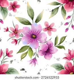 Nahtloses Blumenmuster mit einem schönen Frühlingsgarten aus rosafarbenen Rosenblüten und violetter Flora mit grünen Blattakzenten in einer Vektorkunstgrafik für Naturhintergrund.