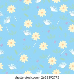 Seamless floral pattern featuring beige daisies and decorative leaves on a soft blue background. Ideal for fabric prints, packaging, wallpapers, scrapbooking, wrapping paper, kids' products, or spring