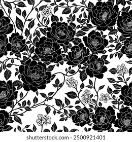 Seamless Floral Pattern featuring Black Silhouettes of Rose Flowers and Leaves with Outlines on a White background. Wallpaper Design for Textiles, Papers, Prints, Beauty Products.