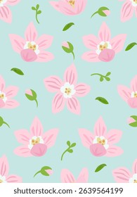Seamless floral pattern featuring blooming pink flowers with green leaves and buds on a soft aqua background. Ideal for fabric, wallpaper, and stationery design.