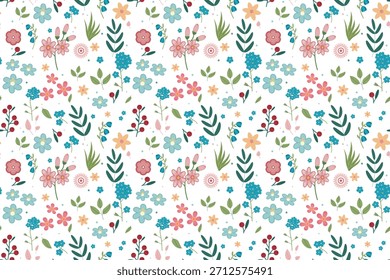 Patrón floral sin fisuras con flores multicolores en flor y hojas delicadas Fondo aislado. Ideal para el diseño de telas, papel de embalaje, Fondos de pantalla y proyectos con temática de primavera.