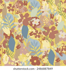 A seamless floral pattern featuring blooms and leaves botanical background. Flower vector art good for wrapping paper, textile print, fabric