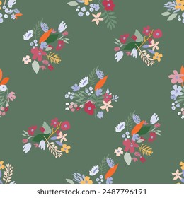 Un patrón floral sin costuras con flores y hojas de diseño botánico sobre un fondo verde. Arte vectorial de flores bueno para envolver papel, impresión textil, tela