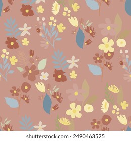 A seamless floral pattern featuring blooms and leaves on a coral pink background. Flower vector illustration