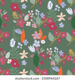 Um padrão floral sem emenda com flores e deixa design botânico em um fundo verde. Vetor de flor arte bom para papel de embrulho, impressão têxtil, tecido