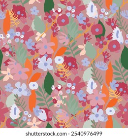 Un patrón floral sin fisuras con flores y hojas sobre un fondo rosa coral. Ilustración vectorial de flores