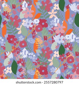 A seamless floral pattern featuring blooms and leaves botanical background. Flower vector art good for wrapping paper, textile print, fabric