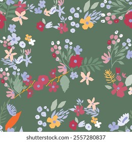 A seamless floral pattern featuring blooms and leaves botanical design on a green background. Flower vector art good for wrapping paper, textile print, fabric