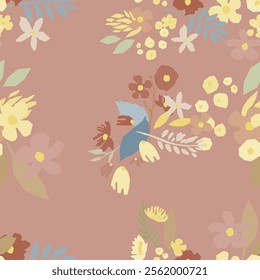 A seamless floral pattern featuring blooms and leaves on a coral pink background. Flower vector illustration
