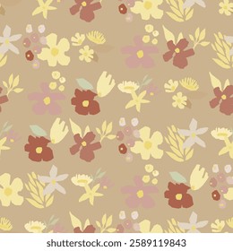 A seamless floral pattern featuring blooms and leaves botanical background. Flower vector good for wrapping paper, textile print, fabric