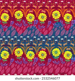 A seamless floral pattern featuring blossoms, elaborate nature elements sunflower. Perfect for fashion, fabric and wallpaper with its elegant, ornate, and stylish design, ideal for spring and summer.