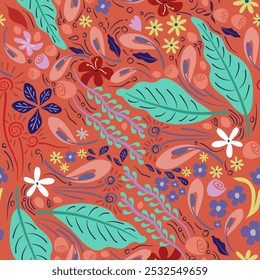 A seamless floral pattern featuring blossoms, elaborate nature elements. Perfect for fashion, fabric and wallpaper with its elegant, ornate, and stylish design, ideal for spring and summer.