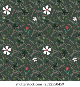 A seamless floral pattern featuring blossoms, elaborate nature elements. Perfect for fashion, fabric and wallpaper with its elegant, ornate, and stylish design, ideal for decoration.