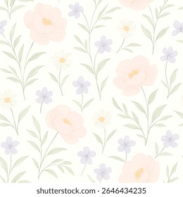 Padrão floral sem emenda com peônias rosa avermelhadas, flores de lavanda e margaridas branco-amareladas com folhas verdes em um fundo esbranquiçado. Ideal para tecido e decoração.
