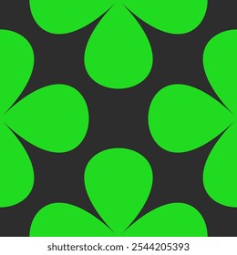 Seamless floral pattern featuring bold green clover shapes and petals. High quality geometric vector design in retro style for decor, wallpaper, and print.