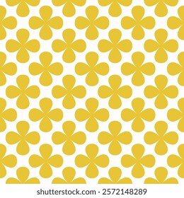 Seamless floral pattern featuring bold yellow clover shapes with rounded petals on a dark background. High quality geometric vector design in retro style, ideal for decor, wallpaper, and print.