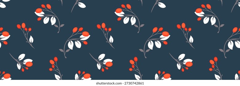 Seamless floral pattern featuring branches with red berries and soft gray leaves on a deep dark background. Perfect for textiles, wallpapers, packaging, invitations, and holidays designs
