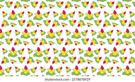 A seamless floral pattern featuring bright yellow and red flowers with green leaves, designed against a white backdrop to create a lively and vibrant aesthetic.