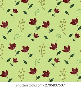 A seamless floral pattern featuring bright purple, mustard yellow, and maroon flowers with green leaves arranged in a repeating design. The soft green background adds an elegant and decorative look, 