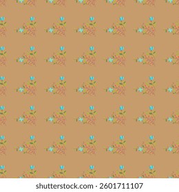  seamless floral pattern featuring colorful flowers and leaves arranged artfully on a beige backdrop. Perfect for fabric, wallpaper, or graphic design projects seeking a  creative aesthetic.
