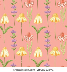 Seamless Floral Pattern Featuring Colorful Summer Blooms on a Soft Pink Background. Delightful seamless pattern showcasing vibrant flowers such as daisies and lavender in a playful arrangement, set 