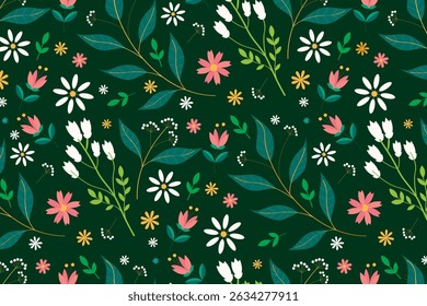 A seamless floral pattern featuring colorful flowers, leaves, and branches on a deep green background. The vibrant design blends modern and vintage elements, perfect for fabric, wallpaper.