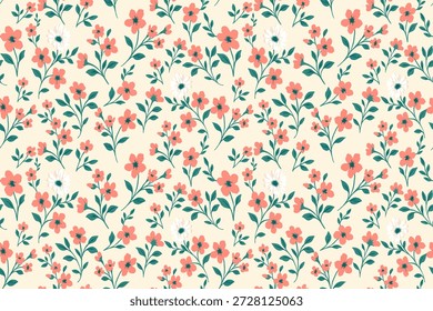 Patrón floral sin fisuras con flores de color rosa coral, flores blancas y hojas verdes azuladas sobre un fondo crema suave, perfecto para la tela, el Fondo de pantalla y los diseños de inspiración vintage.
