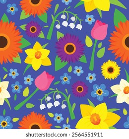 A seamless floral pattern featuring daffodils, tulips, forget-me-nots, gerbera daisies, and lily of the valleys. Perfect for spring-themed designs, gift wrapping, or digital scrapbooking.