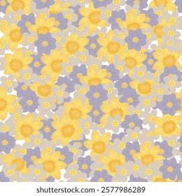 Seamless floral pattern featuring daffodils, forget-me-nots and daisies. Vector illustration of spring flower set. Spring flowers multicolored clipart collection like daffodil, daisy, daisy flat eleme