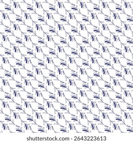 Seamless floral pattern featuring dark blue botanical elements on a white background, creating a classic and elegant design for various decorative purposes.
