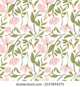 Seamless floral pattern featuring delicate pink flowers, green leaves, and orange accents on a white background. Ideal for textiles, wallpapers, stationery, gift wrap, and elegant botanical designs