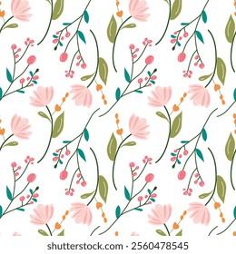 Seamless floral pattern featuring delicate pink flowers, green leaves, and orange accents on a white background. Ideal for textiles, wallpapers, stationery, gift wrap, and elegant botanical designs