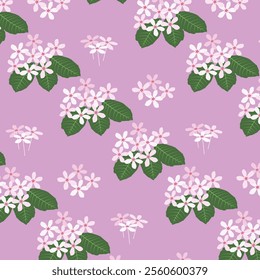 A seamless floral pattern featuring delicate Kopsia flowers with soft pink petals and vibrant green leaves set against a light pink bg.Perfect for fabric prints,wallpaper and digital decor projects.