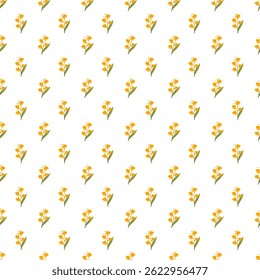 A seamless floral pattern featuring delicate orange flowers with green leaves, perfect for spring-themed designs and decoration.	