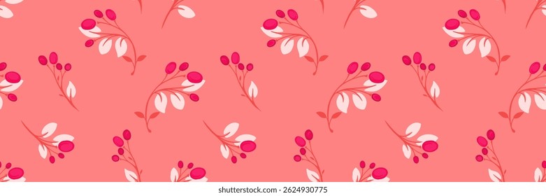 Seamless floral pattern featuring delicate branches with pink berries and leaves on a orange, coral  background. Perfect for textiles, wallpapers, packaging, invitations, and elegant designs