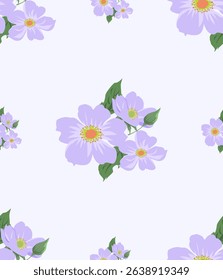 Seamless floral pattern featuring delicate purple flowers with green leaves on a soft pastel background. Ideal for feminine designs, fabric prints, wallpapers, and elegant stationery.

