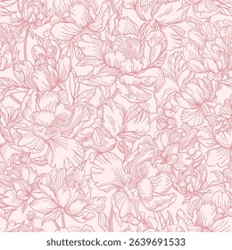 Seamless floral pattern featuring delicate pink peony blossoms with intricate outlines. Romantic and elegant design. Vintage or feminine aesthetics. Pink abstract background with botanical elements