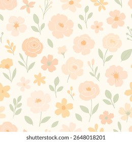A seamless floral pattern featuring delicate pink and cream blossoms on a soft beige background, perfect for elegant textile and stationery design