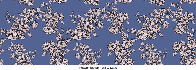 Seamless floral pattern featuring delicate flower clusters with fine details on a blue background. Perfect for textile design, fashion prints, wallpapers, and elegant decor projects.