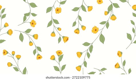 Seamless floral pattern featuring delicate yellow buttercup flowers and green leaves on trailing vines, creating a charming botanical background.