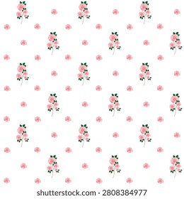 seamless floral pattern featuring delicate pink blossoms and green leaves on a clean white background, ideal for spring textiles, wallpapers, packaging, invitations, and romantic design projects.