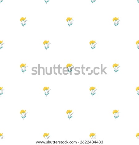 A seamless floral pattern featuring delicate yellow flowers and green leaves, arranged on a clean and crisp white background. Ideal for textiles, wallpapers, and creative graphic designs.