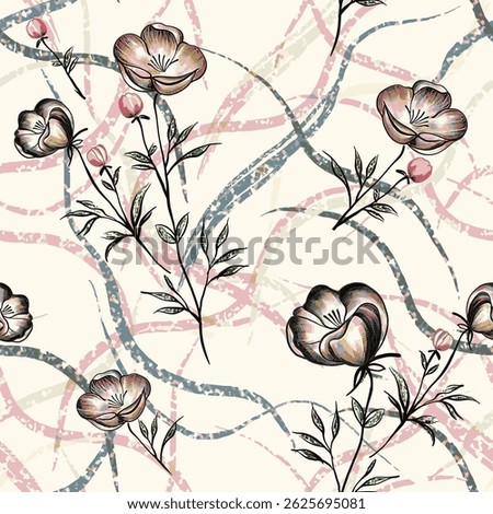 A seamless floral pattern featuring delicate brown and pink flowers over an abstract wavy line background. Ideal for textiles, wallpapers, and decorative designs