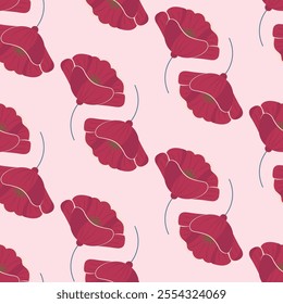 Seamless floral pattern featuring elegant red poppies in flat style. Perfect for fabric, wallpaper, wrapping paper, or digital design projects with a delicate and romantic theme.