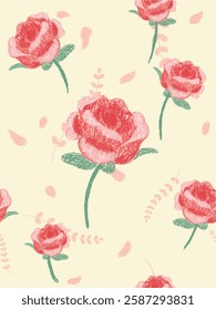 A seamless floral pattern featuring elegant red roses on a beige background. Suitable for textile design, wallpaper, and decorative projects.