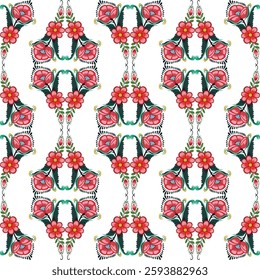 Seamless floral pattern featuring elegant red flowers with green leaves on a dark background. Perfect for textile, wallpaper, packaging, decor. High-quality vector illustration with vibrant details.