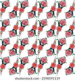 Seamless floral pattern featuring elegant red flowers with green leaves on a dark background. Perfect for textile, wallpaper, packaging, decor. High-quality vector illustration with vibrant details.