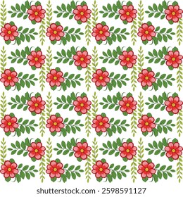 Seamless floral pattern featuring elegant red flowers with green leaves on a dark background. Perfect for textile, wallpaper, packaging, decor. High-quality vector illustration with vibrant details.