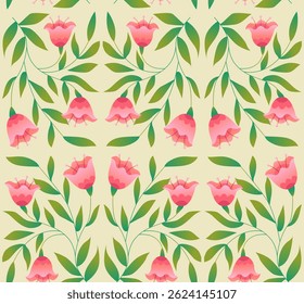Seamless floral pattern featuring elegant pink bell-shaped flowers and vibrant green leaves. Perfect for textile design, wallpapers, packaging, and spring-themed projects. Vector Illustration.