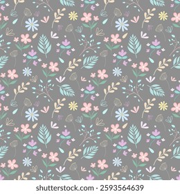 A seamless floral pattern featuring flowers and botanical elements in soft pastel tones. An elegant, nature-inspired aesthetic perfect for wallpaper, textiles, branding, and decorative projects.